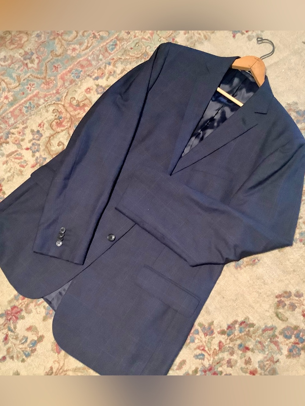 Lands End Sport Coat Blazer 100% Wool Navy Windowpane - Men’s 44L - EUC